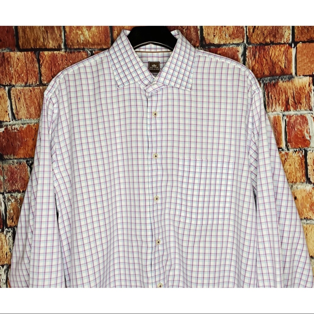 Peter Millar Men’s Long Sleeve Button Front Large White Purple Blue Plaid Shirt